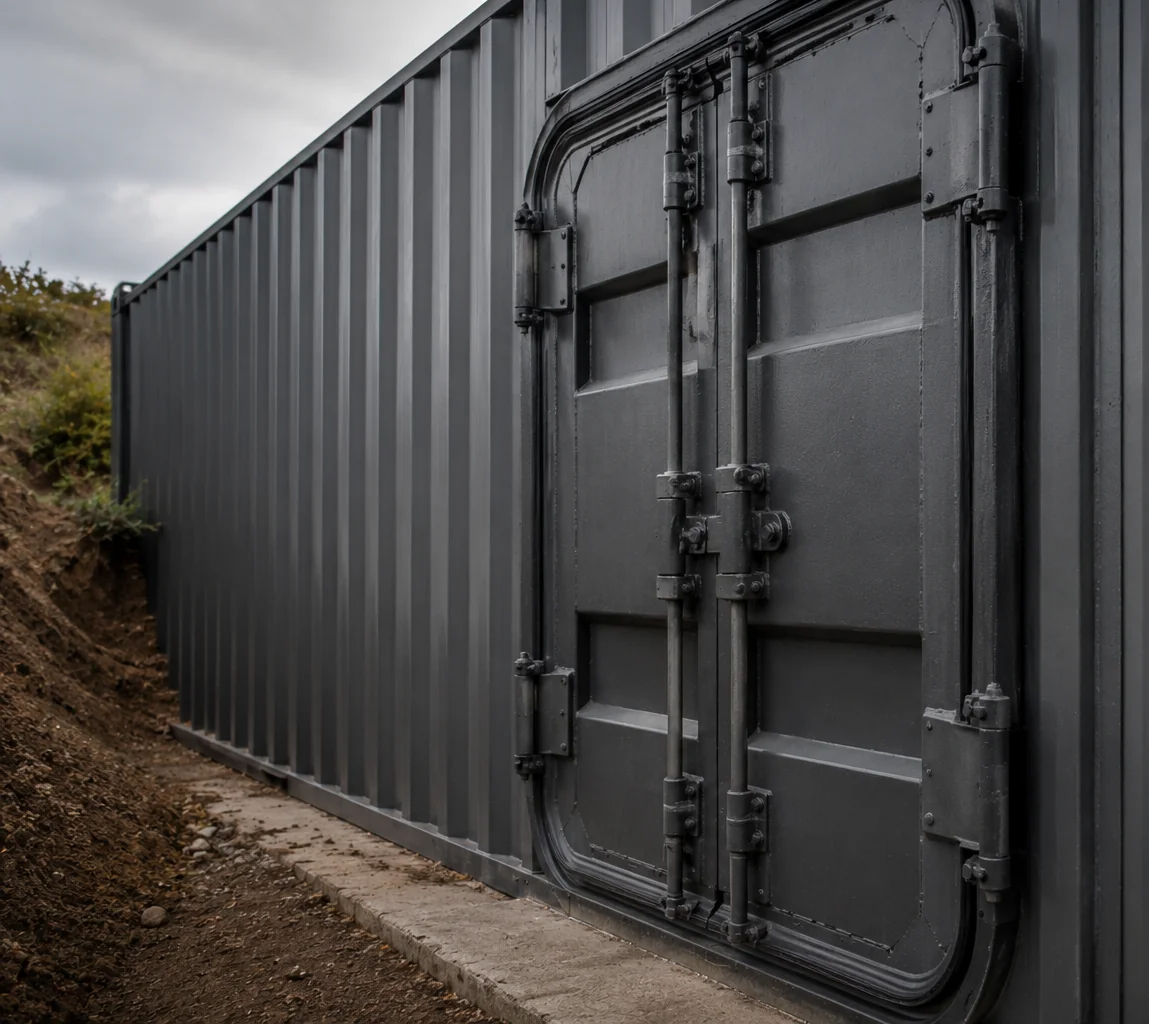 Ușă de container modificată pentru intrarea într-un adăpost îngropat