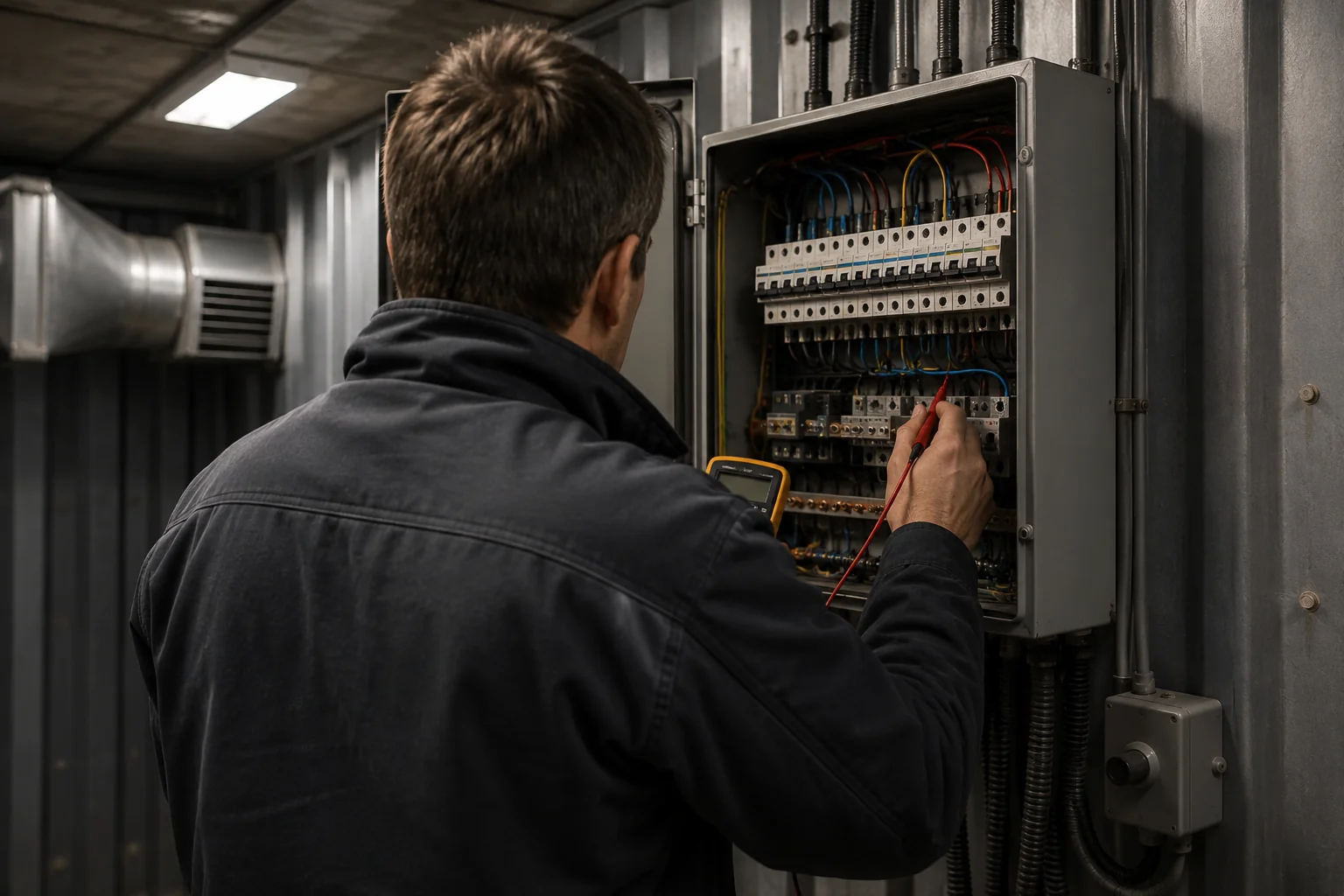 Tehnician verificând panoul electric din interiorul unui adăpost